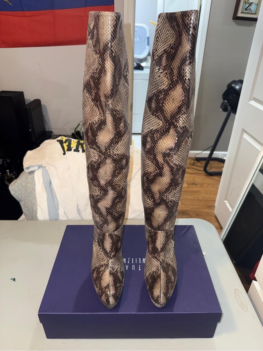 Stuart Weitzman Over-the-Knee Snake-Print Boots in Taupe and Black - Picture 4 of 7